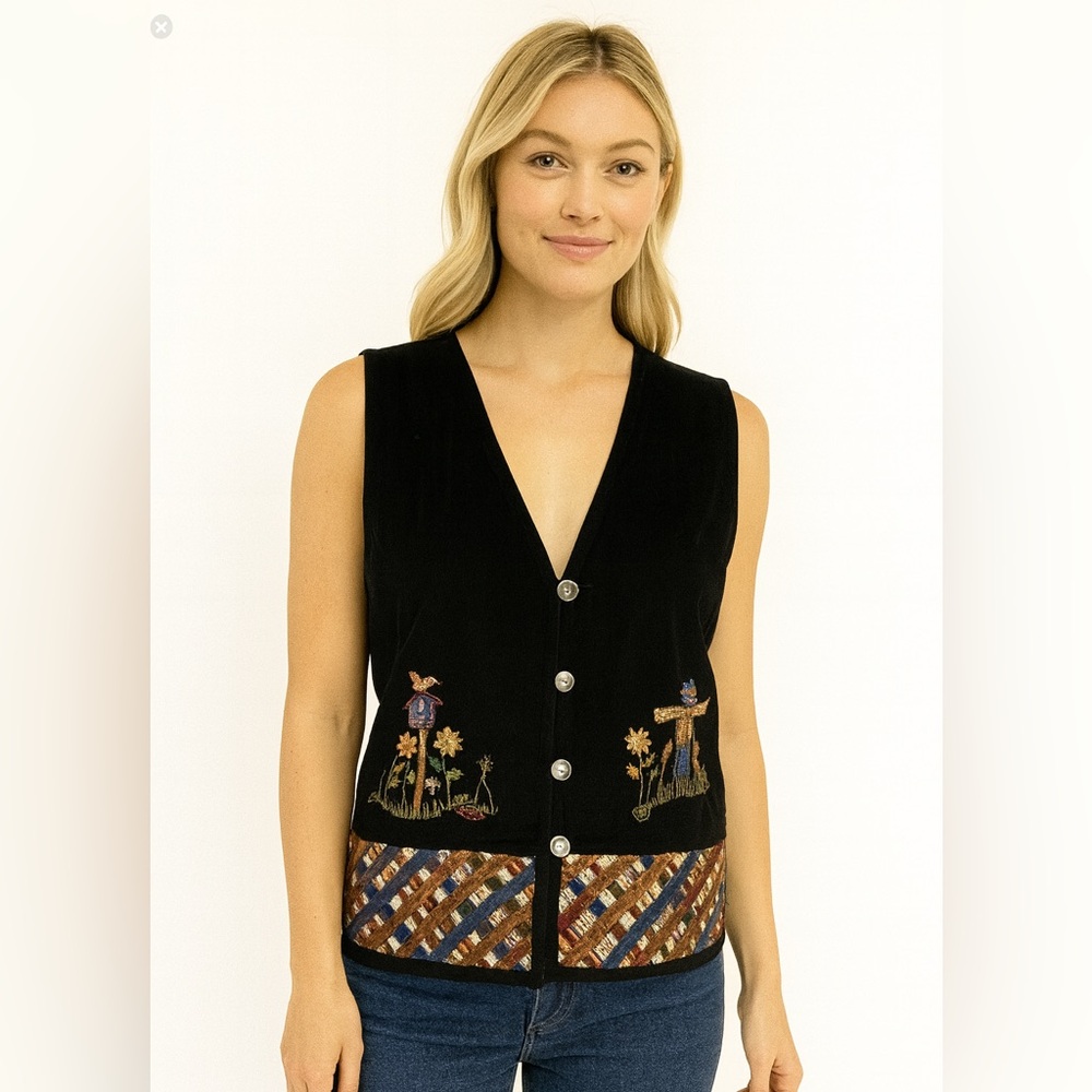Vtg 90s corduroy embroidered scarecrow vest